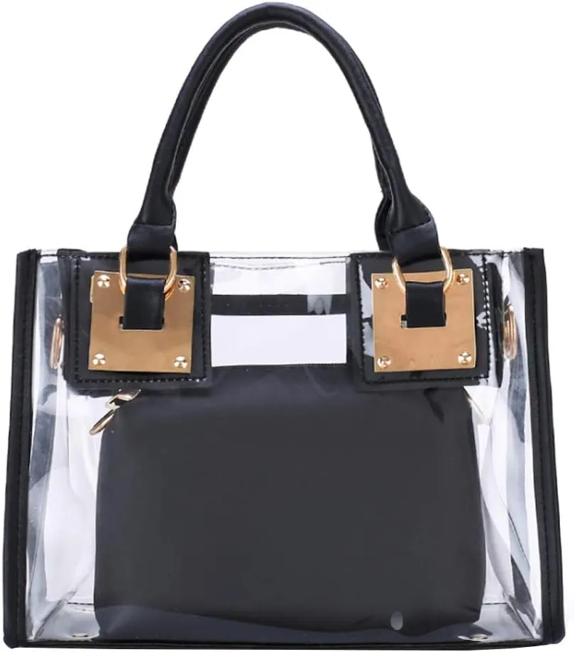 Women 2Pcs Small Tote Clear Shoulder Top-handle Bag PVC Satchel Candy Handbag Clutch Purse Wallet