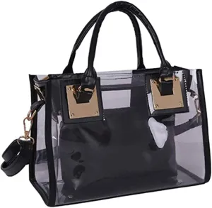Women 2Pcs Small Tote Clear Shoulder Top-handle Bag PVC Satchel Candy Handbag Clutch Purse Wallet