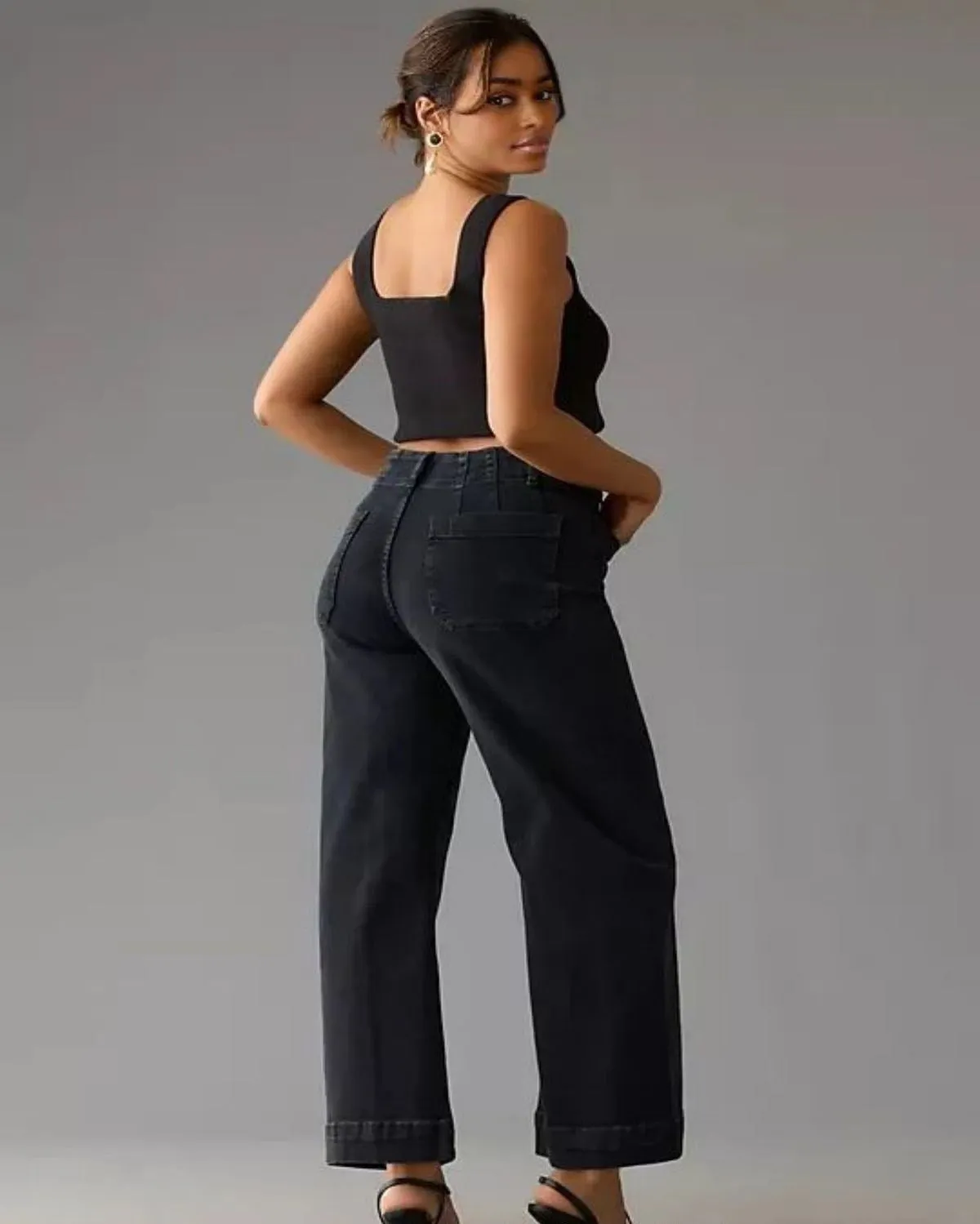 Women Casual Loose Pocket High Waist Wide Leg Jeans
