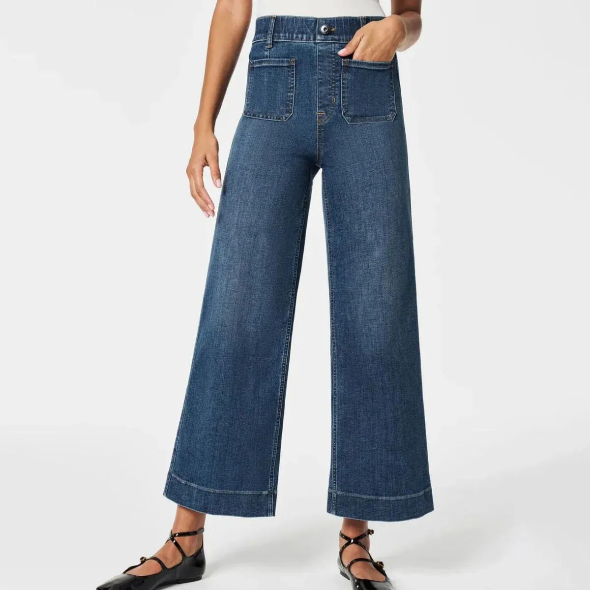 Women Casual Loose Pocket High Waist Wide Leg Jeans