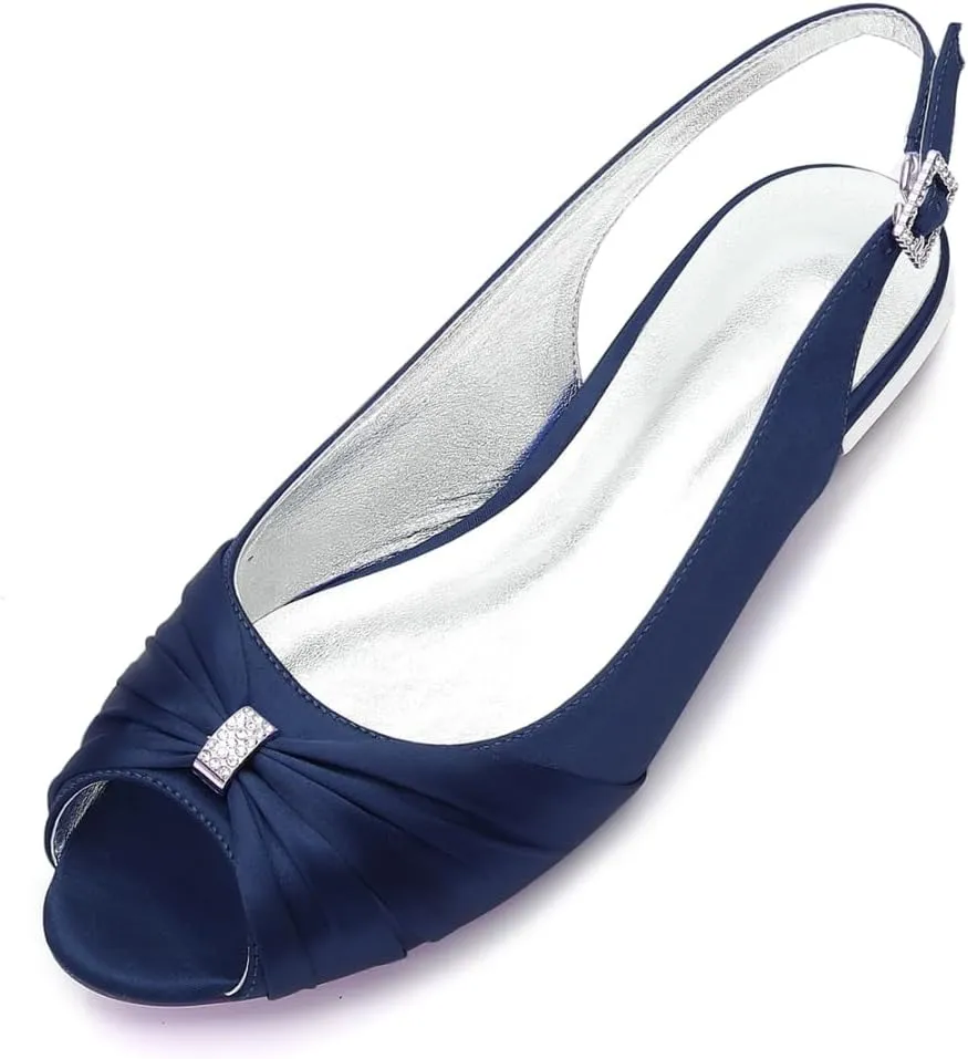 Women Comfort Flat Satin Wedding Shoes Peep Toe Buckle Strap Bridal Evening Party Flats Shoes
