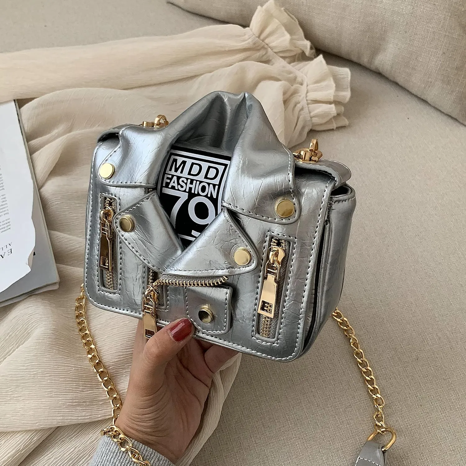 Women Crossbody Bags Chain Shoulder Jacket Bags Motorcycle Messenger Bag Leather Handbags for Girls Purse