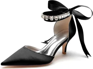 Women Crystals Satin Ribbon Tie Wedding Shoes Pointed Toe Prom Formal Party Dress Pumps Kitten Heel Bridal Shoes