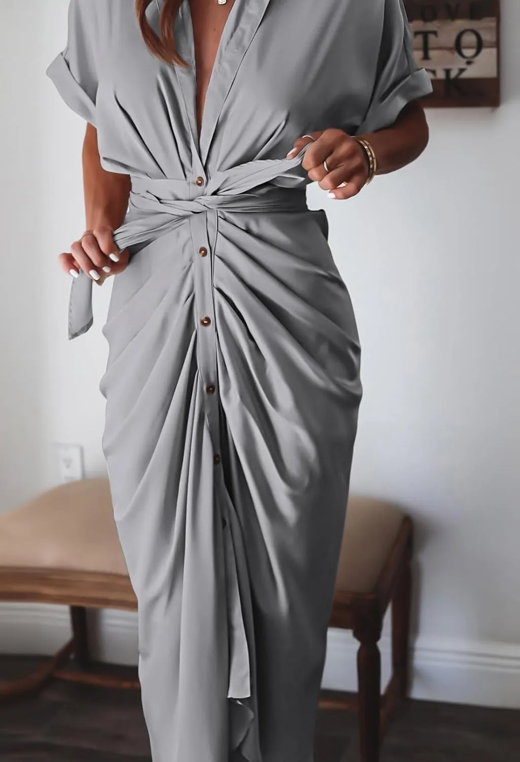 Women Elegant Satin Button Down Short Sleeve Maxi Shirt Dress with Belt
