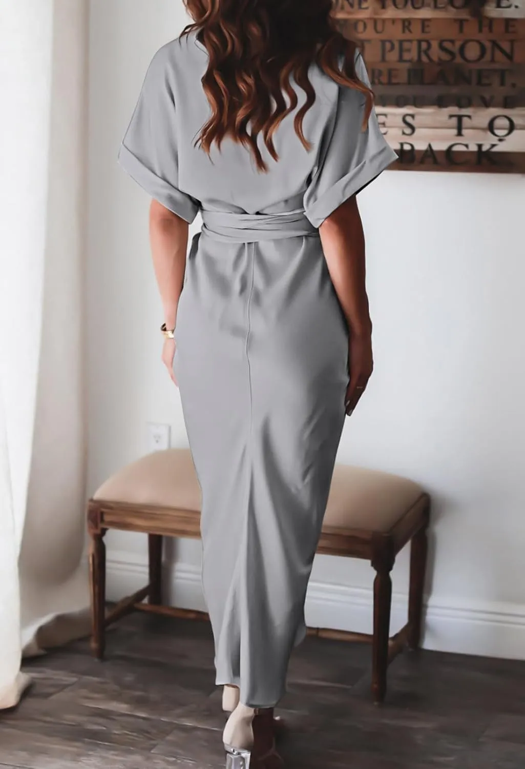 Women Elegant Satin Button Down Short Sleeve Maxi Shirt Dress with Belt