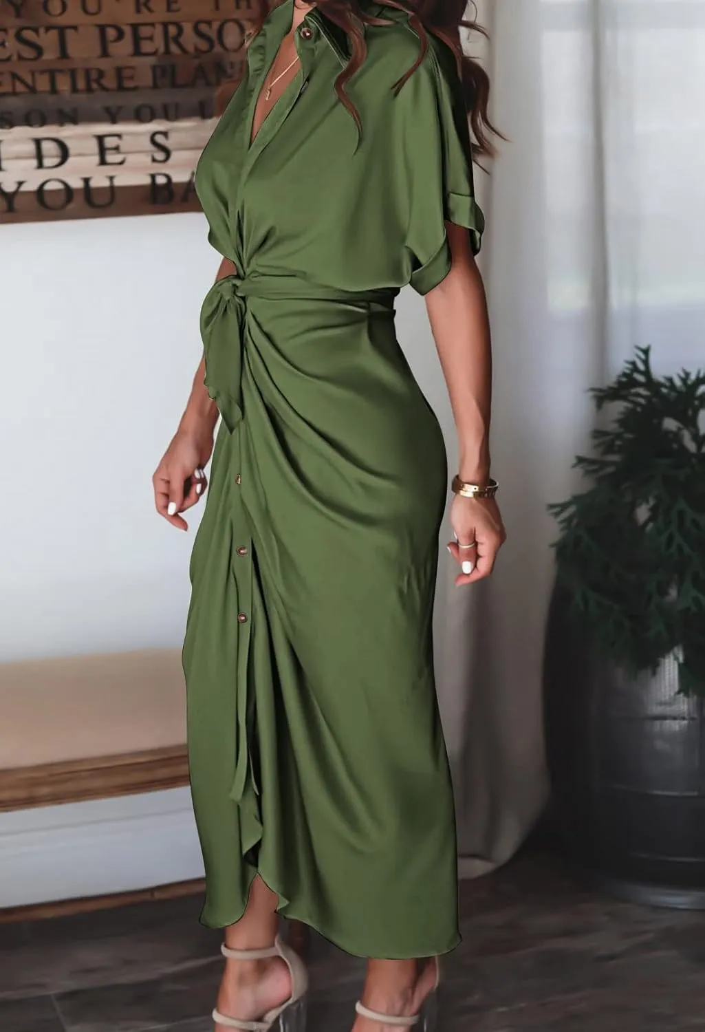 Women Elegant Satin Button Down Short Sleeve Maxi Shirt Dress with Belt
