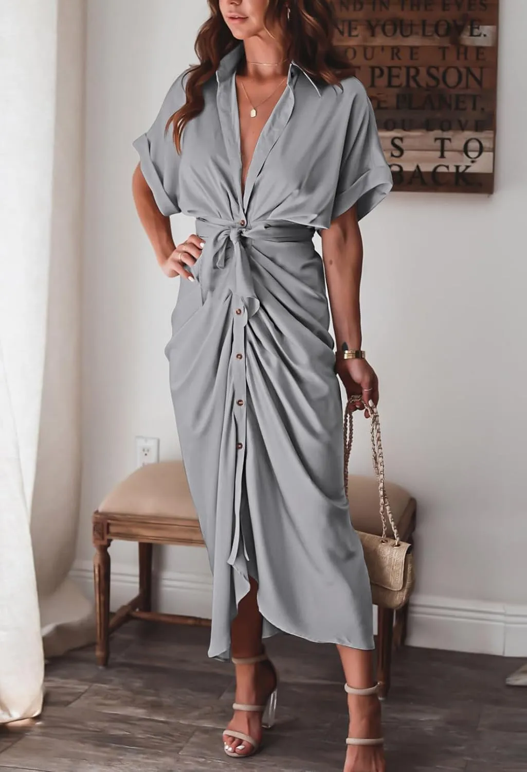 Women Elegant Satin Button Down Short Sleeve Maxi Shirt Dress with Belt