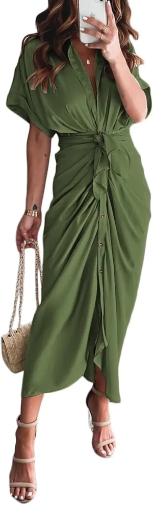 Women Elegant Satin Button Down Short Sleeve Maxi Shirt Dress with Belt