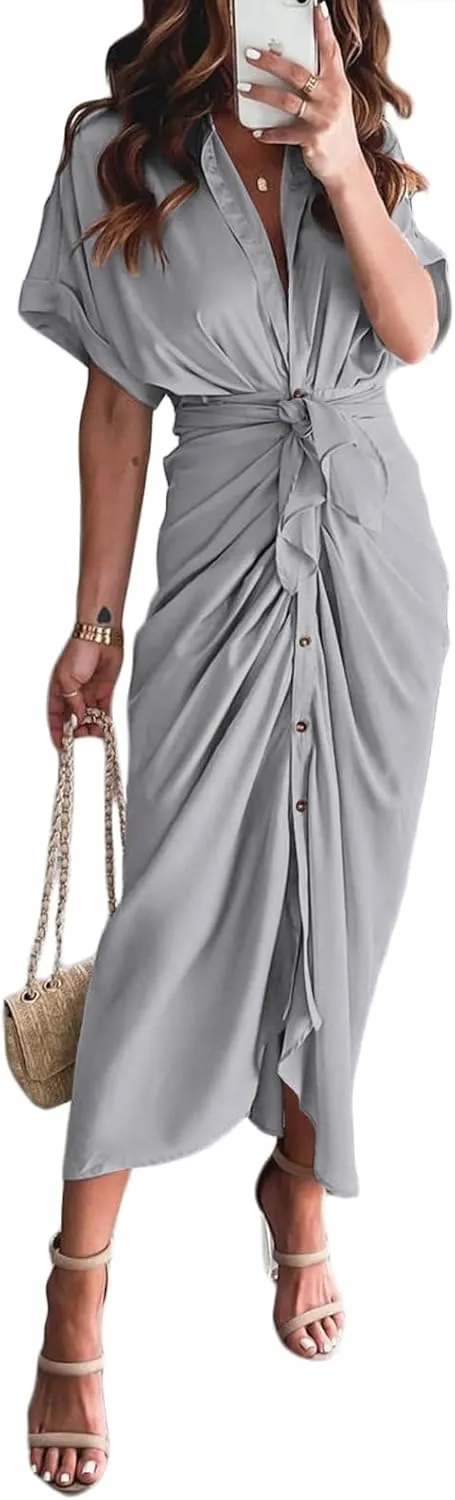 Women Elegant Satin Button Down Short Sleeve Maxi Shirt Dress with Belt