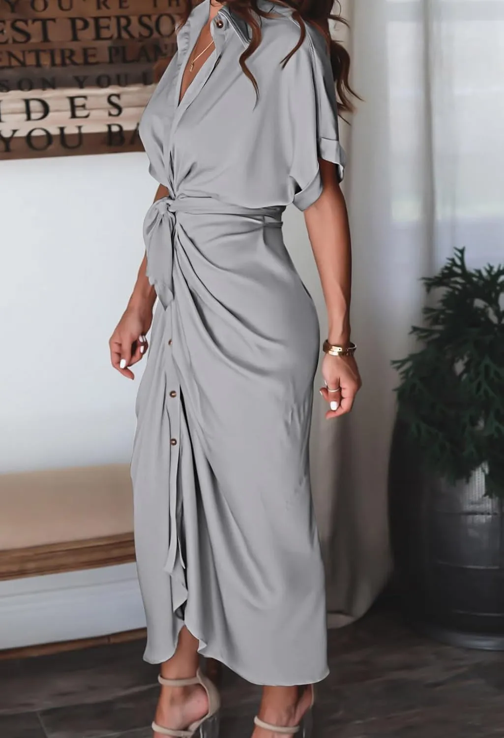 Women Elegant Satin Button Down Short Sleeve Maxi Shirt Dress with Belt