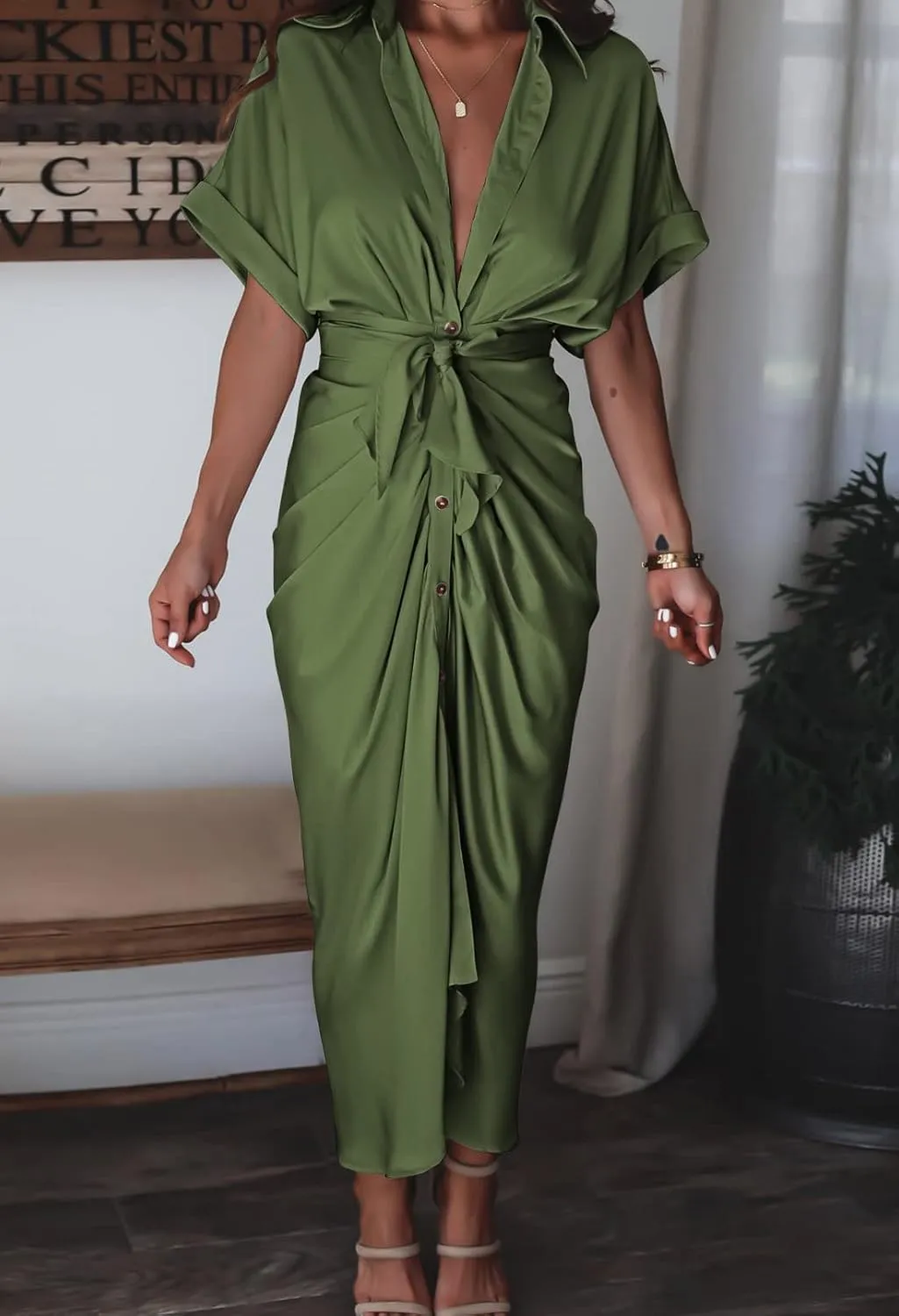 Women Elegant Satin Button Down Short Sleeve Maxi Shirt Dress with Belt