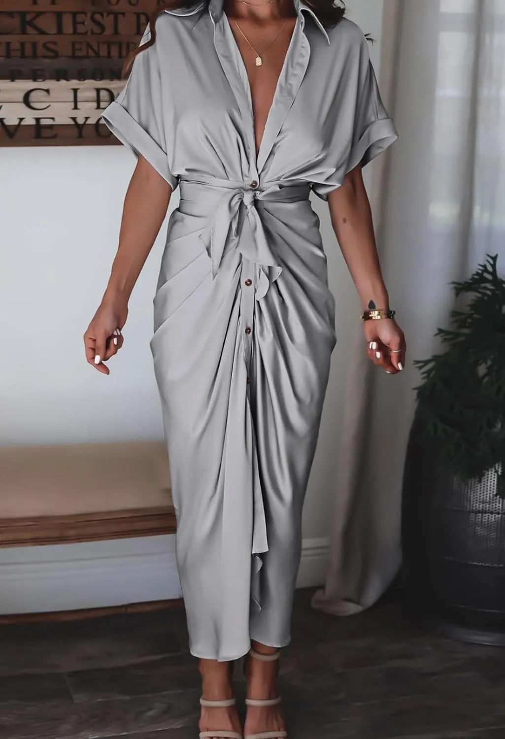 Women Elegant Satin Button Down Short Sleeve Maxi Shirt Dress with Belt