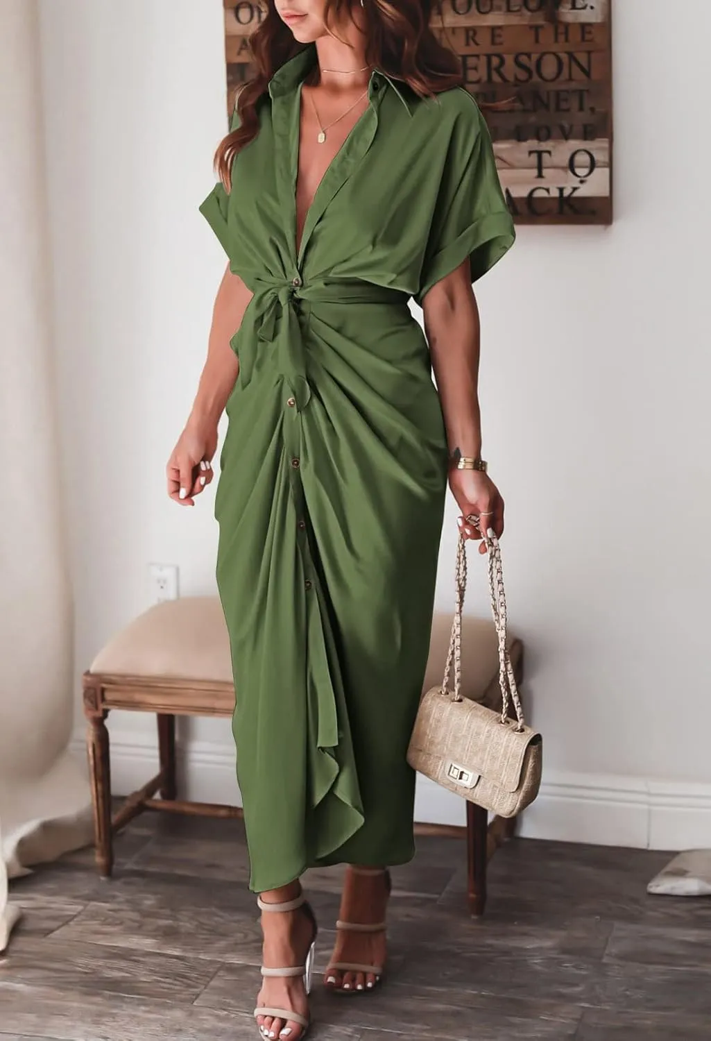 Women Elegant Satin Button Down Short Sleeve Maxi Shirt Dress with Belt