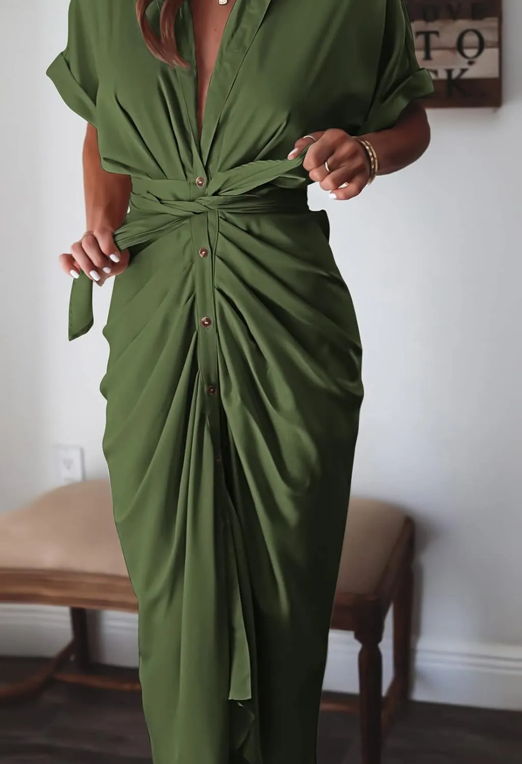 Women Elegant Satin Button Down Short Sleeve Maxi Shirt Dress with Belt