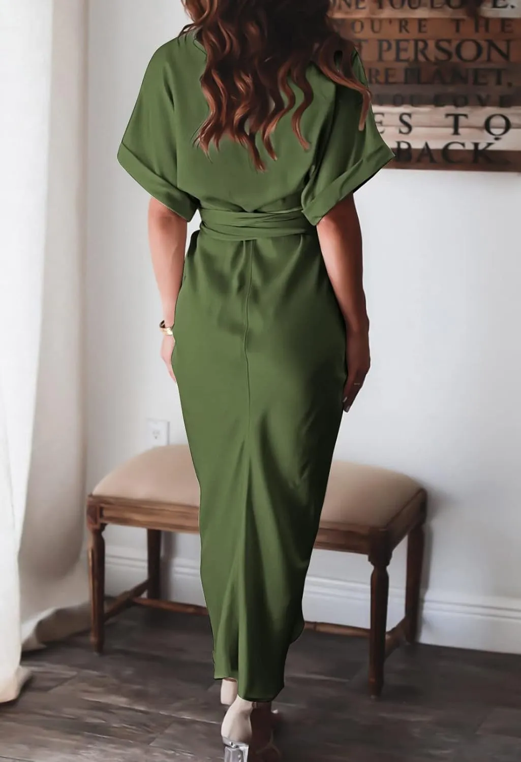 Women Elegant Satin Button Down Short Sleeve Maxi Shirt Dress with Belt