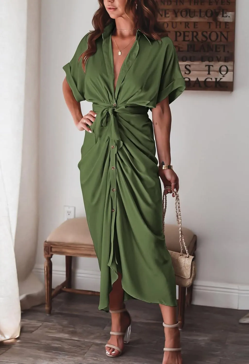 Women Elegant Satin Button Down Short Sleeve Maxi Shirt Dress with Belt