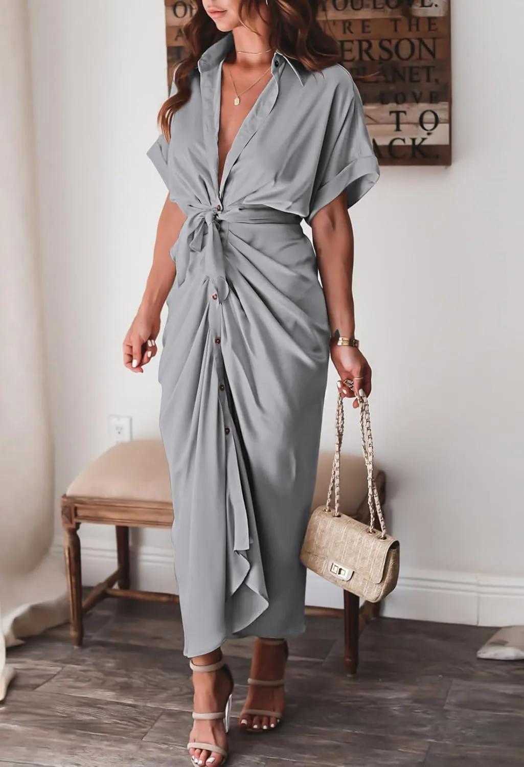 Women Elegant Satin Button Down Short Sleeve Maxi Shirt Dress with Belt