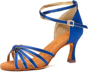 Women Latin Dance Shoes Satin Professional Ballroom Salsa Practice Performance Dance Shoes, Model EM-217GB-7cm