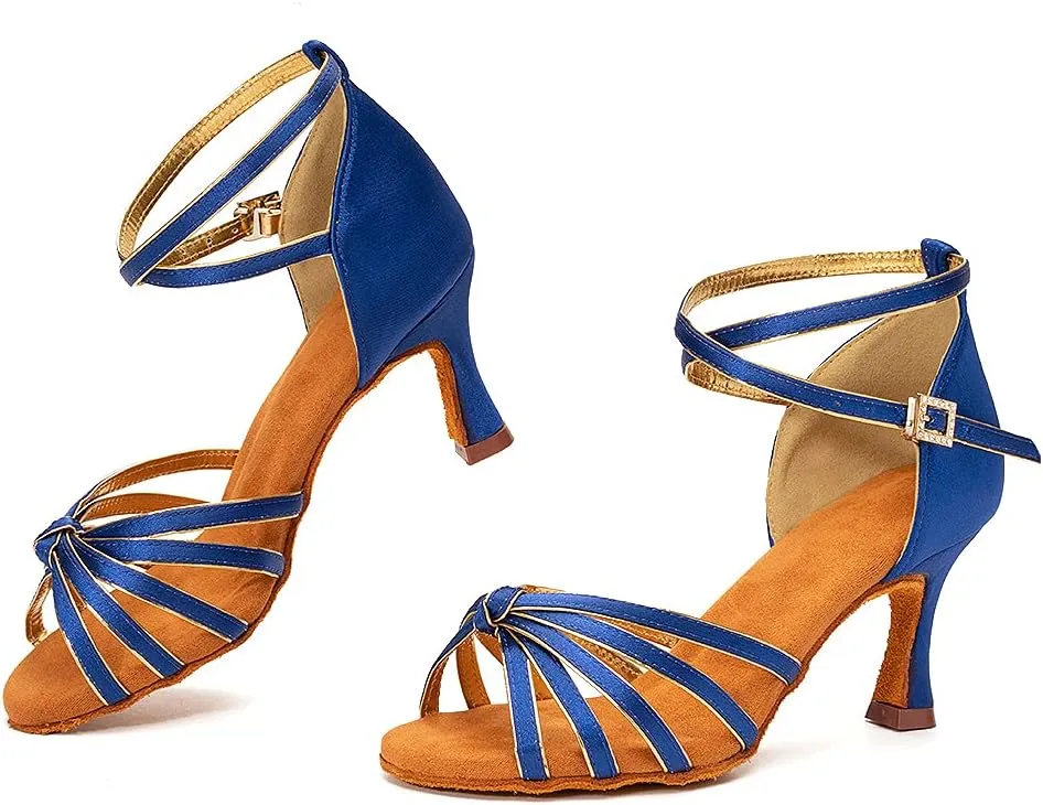 Women Latin Dance Shoes Satin Professional Ballroom Salsa Practice Performance Dance Shoes, Model EM-217GB-7cm