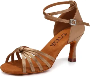 Women Latin Dance Shoes Satin Professional Ballroom Salsa Practice Performance Dance Shoes, Model EM-217GB-7cm