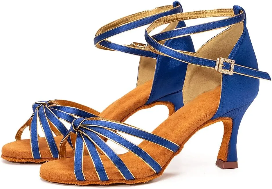 Women Latin Dance Shoes Satin Professional Ballroom Salsa Practice Performance Dance Shoes, Model EM-217GB-7cm