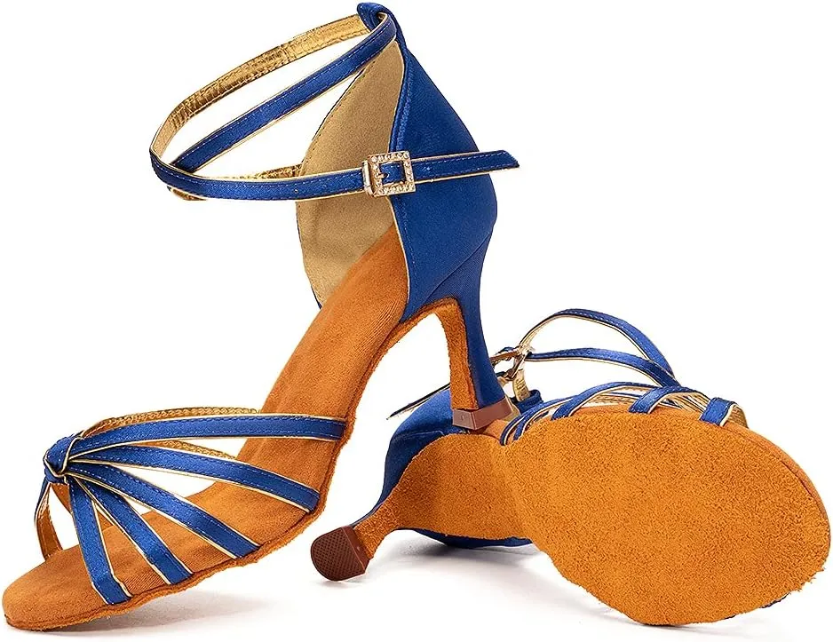 Women Latin Dance Shoes Satin Professional Ballroom Salsa Practice Performance Dance Shoes, Model EM-217GB-7cm