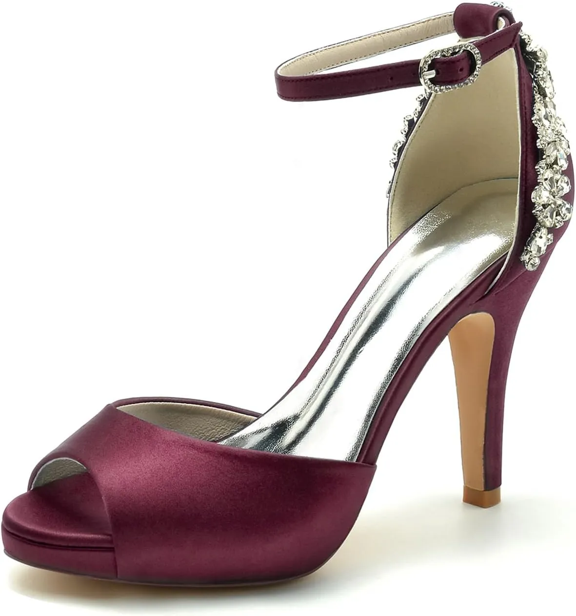 Women Peep Toe Rhinestones Sandals Satin Ankle Strap Bridal Pumps Ankle Buckle Evening Wedding Party Shoes Heel Wedding Sandals