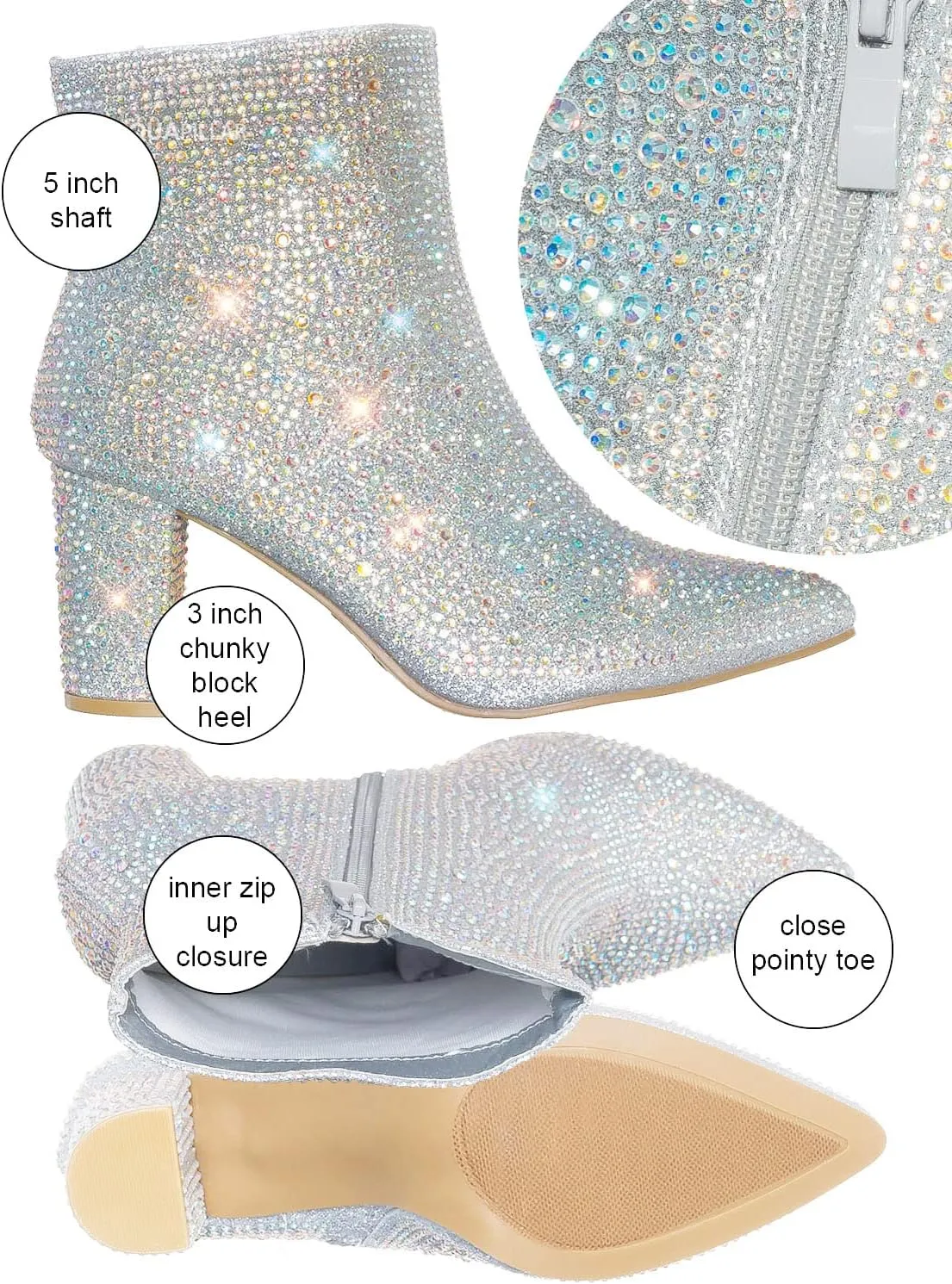 Women Rhinestone Block Chunky Heel Ankle Bootie
