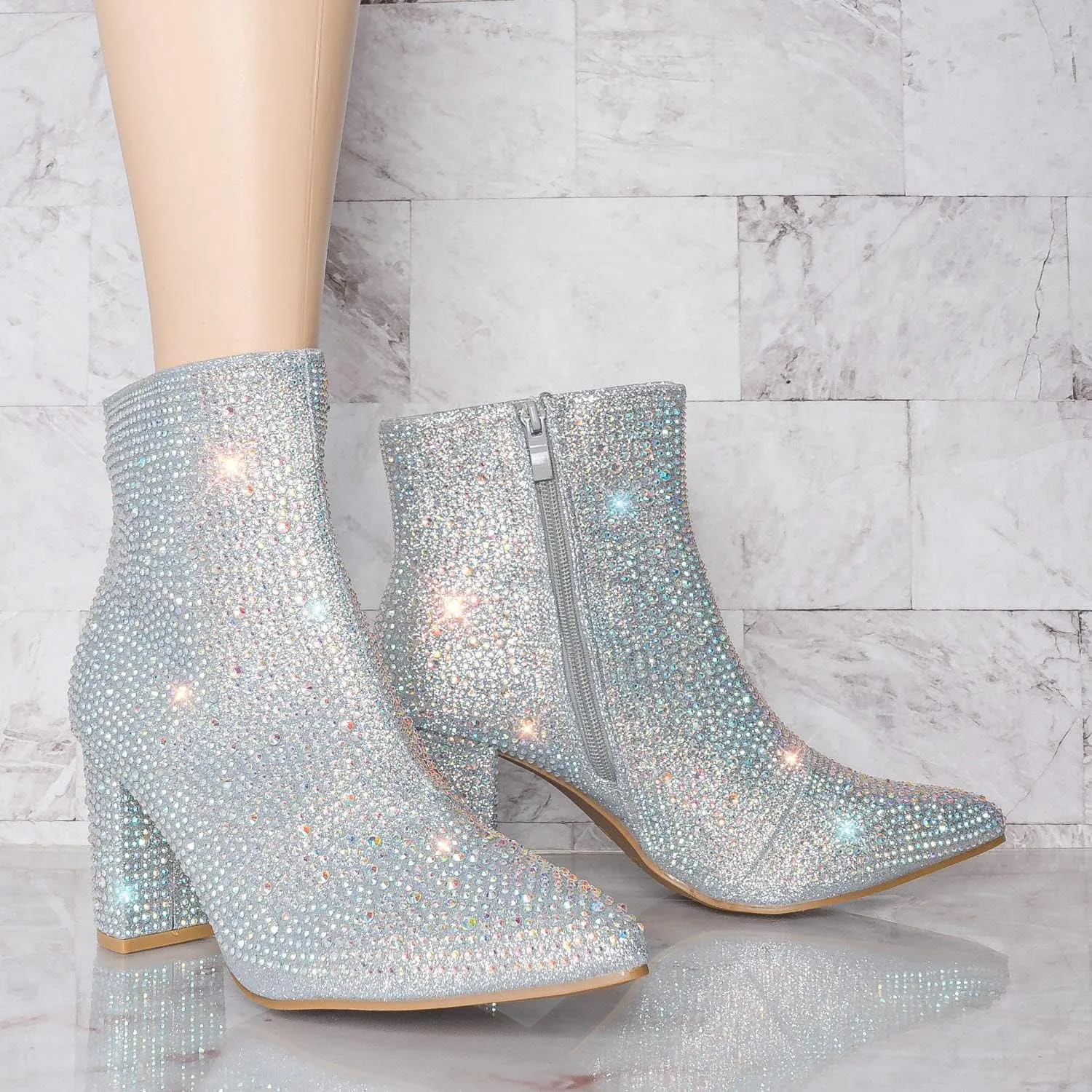 Women Rhinestone Block Chunky Heel Ankle Bootie