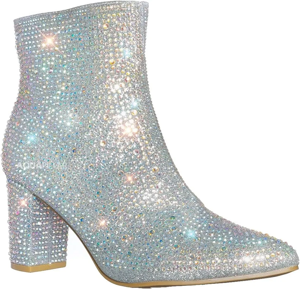Women Rhinestone Block Chunky Heel Ankle Bootie