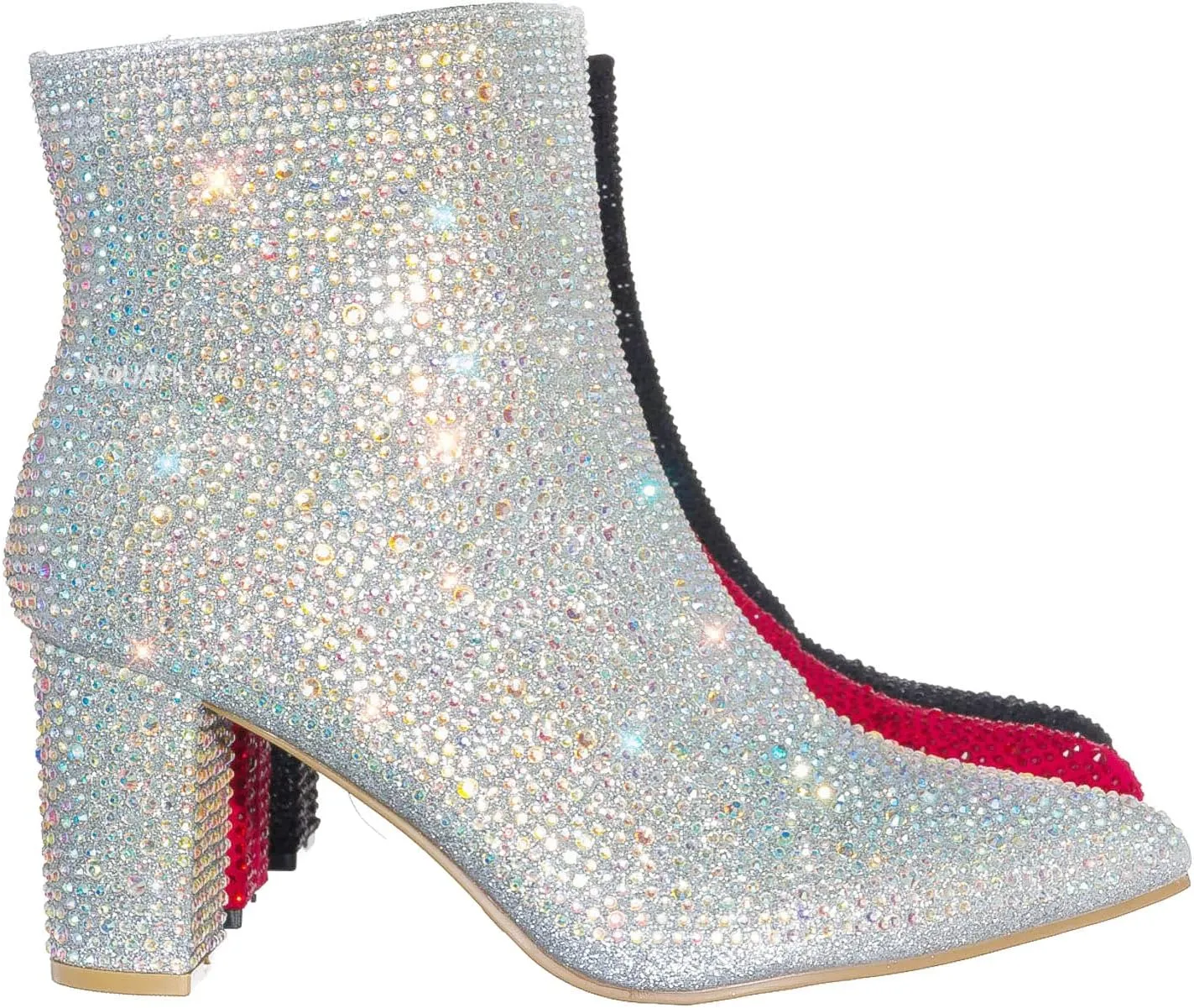 Women Rhinestone Block Chunky Heel Ankle Bootie