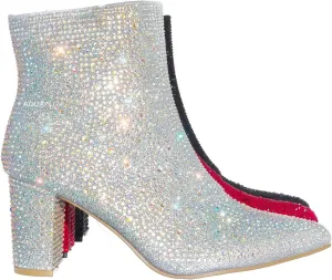 Women Rhinestone Block Chunky Heel Ankle Bootie