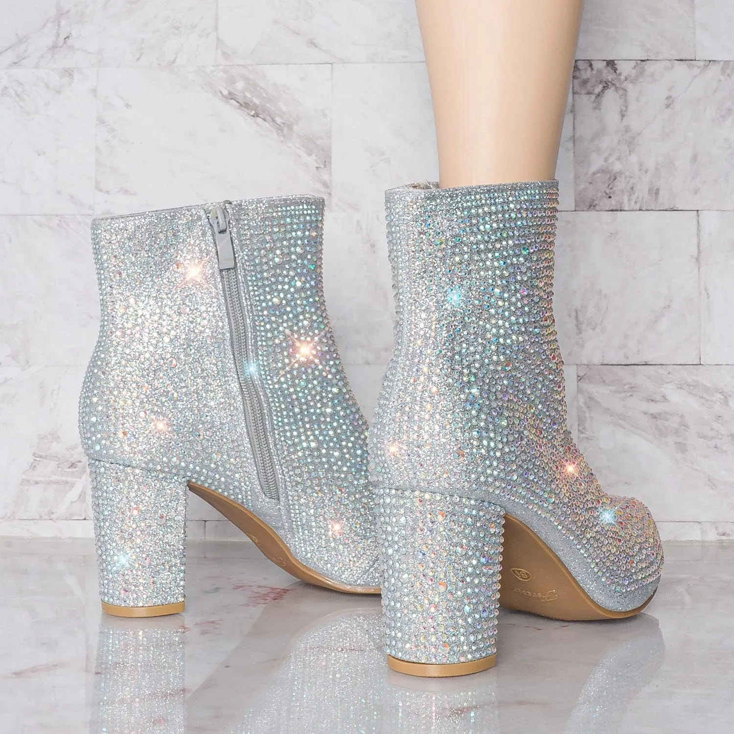 Women Rhinestone Block Chunky Heel Ankle Bootie