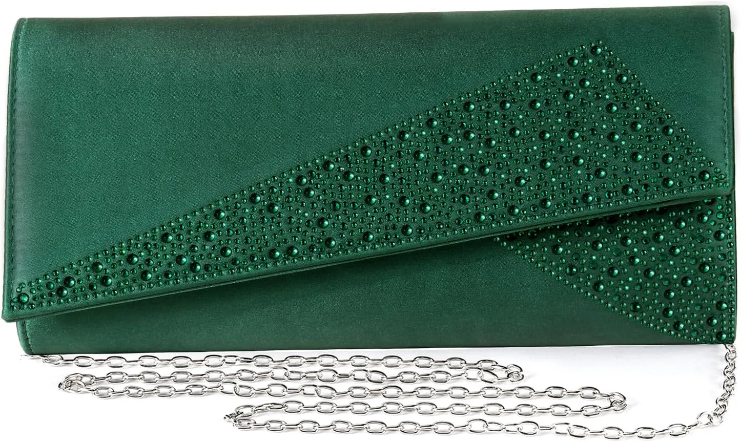 Women Satin Rhinestones Evening Bags Prom Bridal Clutch Purse Cross Body With Detachable Chain Strap