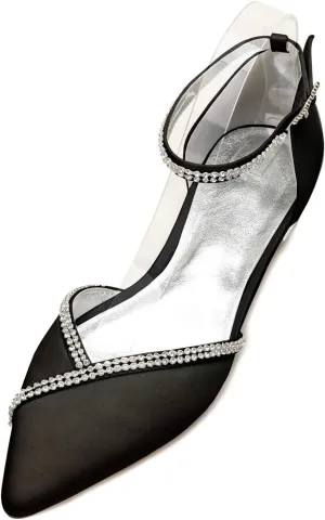 Women Satin Wedding Shoes for Bride Flats Pointed Toe Crystals Party Dress Bridesmaid Shoes 5047-1