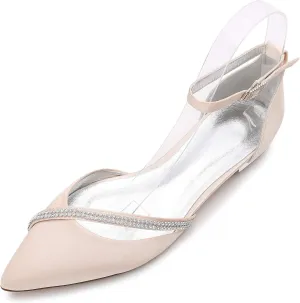 Women Satin Wedding Shoes for Bride Flats Pointed Toe Crystals Party Dress Bridesmaid Shoes 5047-1