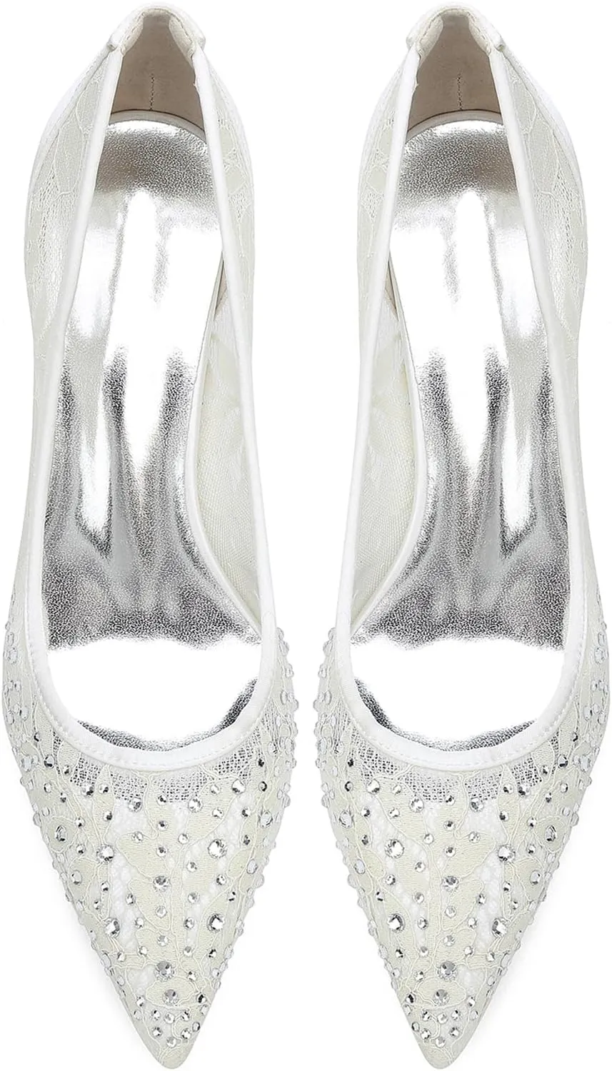 Women Slip-On Pearl Wedding Shoes Bride Pointed Toe Cut Out Kitten Heel Court Shoes Lace Low Heel Heeled Pumps for Evening Party Dress