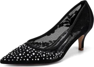 Women Slip-On Pearl Wedding Shoes Bride Pointed Toe Cut Out Kitten Heel Court Shoes Lace Low Heel Heeled Pumps for Evening Party Dress