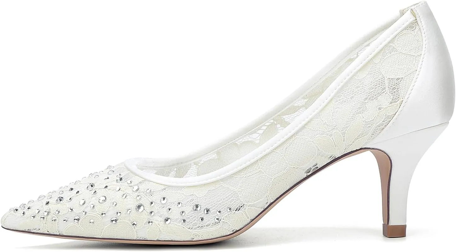 Women Slip-On Pearl Wedding Shoes Bride Pointed Toe Cut Out Kitten Heel Court Shoes Lace Low Heel Heeled Pumps for Evening Party Dress