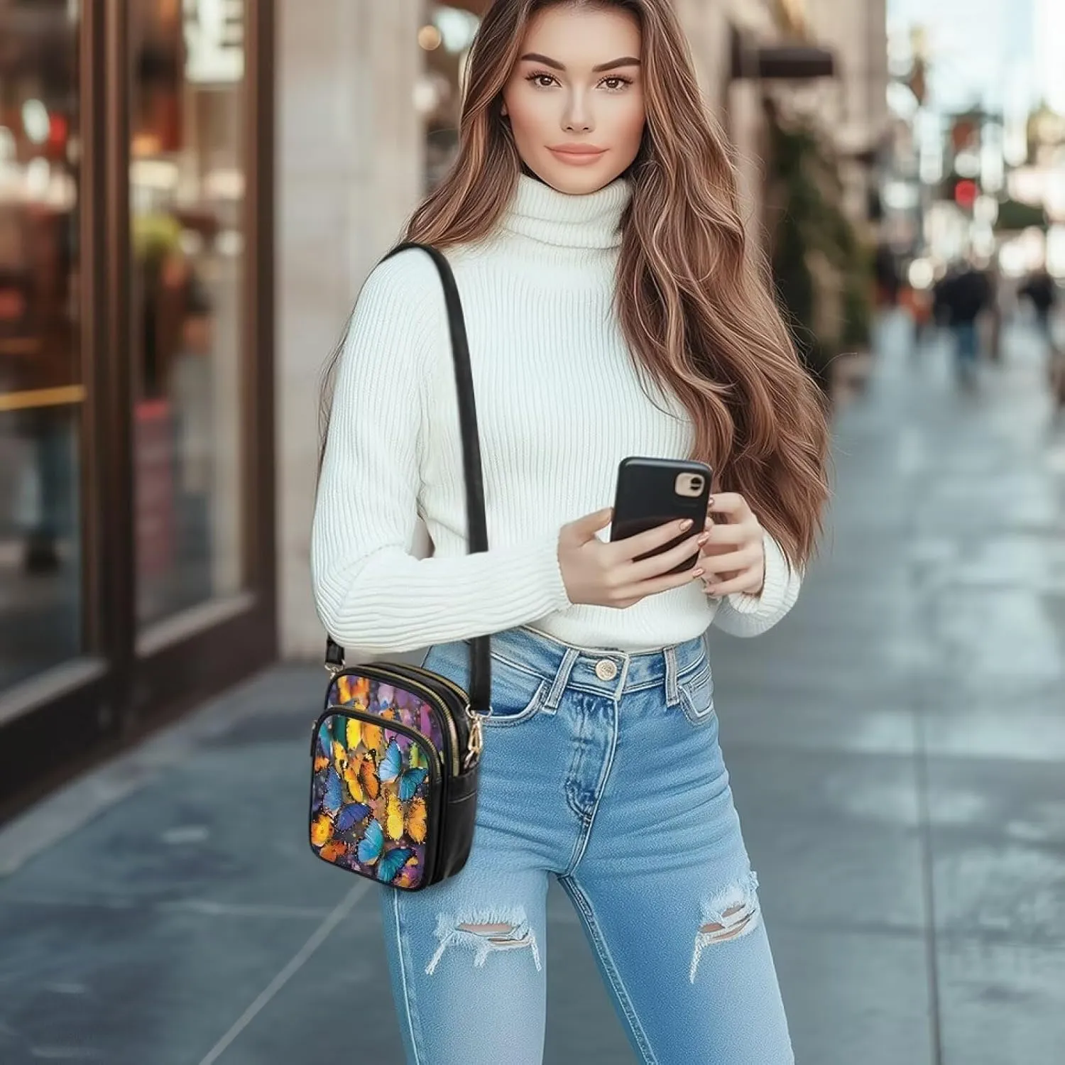 Women Small Crossbody Bags, PU Leather Crossbody Wallet Phone Bag, Mandala Floral Zip Around Travel Passport Wallet