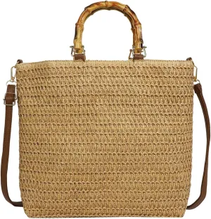 Women Straw Woven Handbag Summer Beach Bags Large Capacity Stylish Crossbody Bag with Bamboo Handle for Outdoor Tr