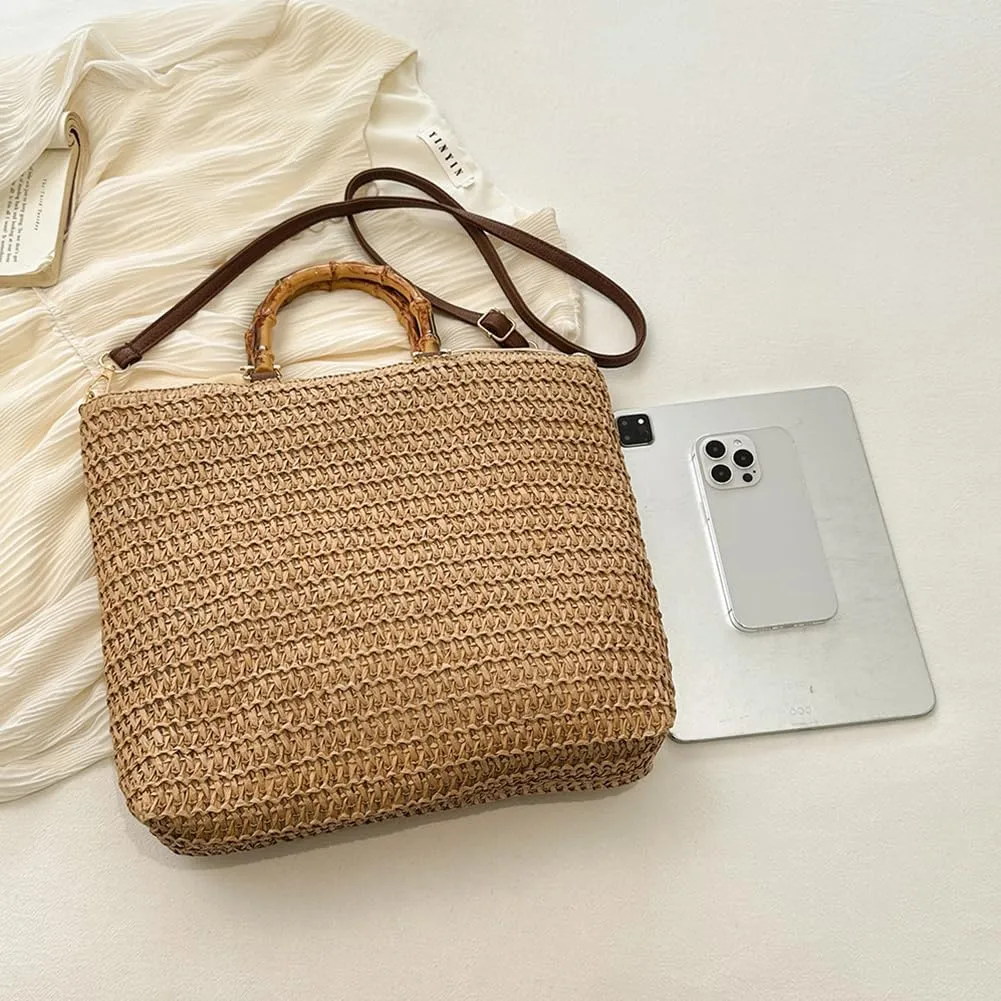 Women Straw Woven Handbag Summer Beach Bags Large Capacity Stylish Crossbody Bag with Bamboo Handle for Outdoor Tr