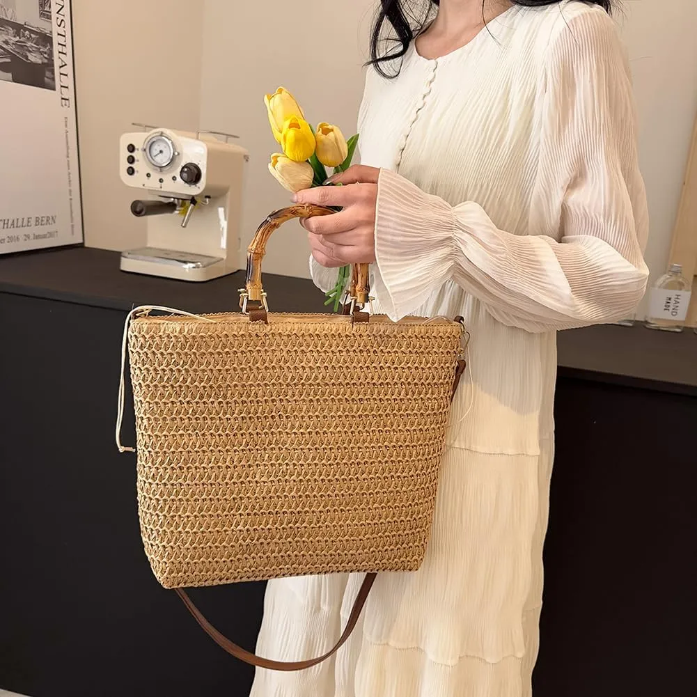 Women Straw Woven Handbag Summer Beach Bags Large Capacity Stylish Crossbody Bag with Bamboo Handle for Outdoor Tr
