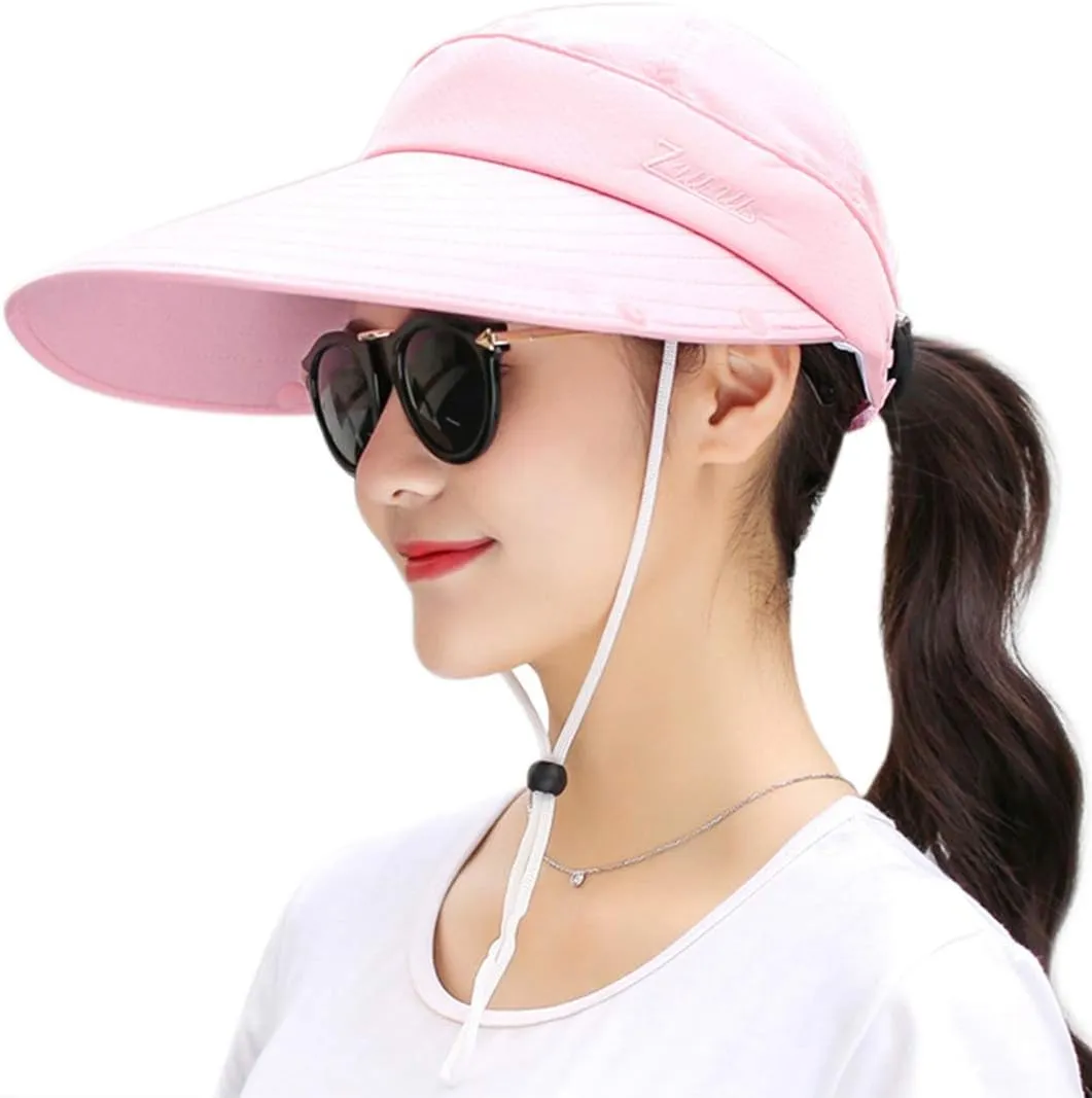 Women Sun Wide Brim UV Protection Fishing Hats Foldable Ponytail Summer Hat with Detachable Flap