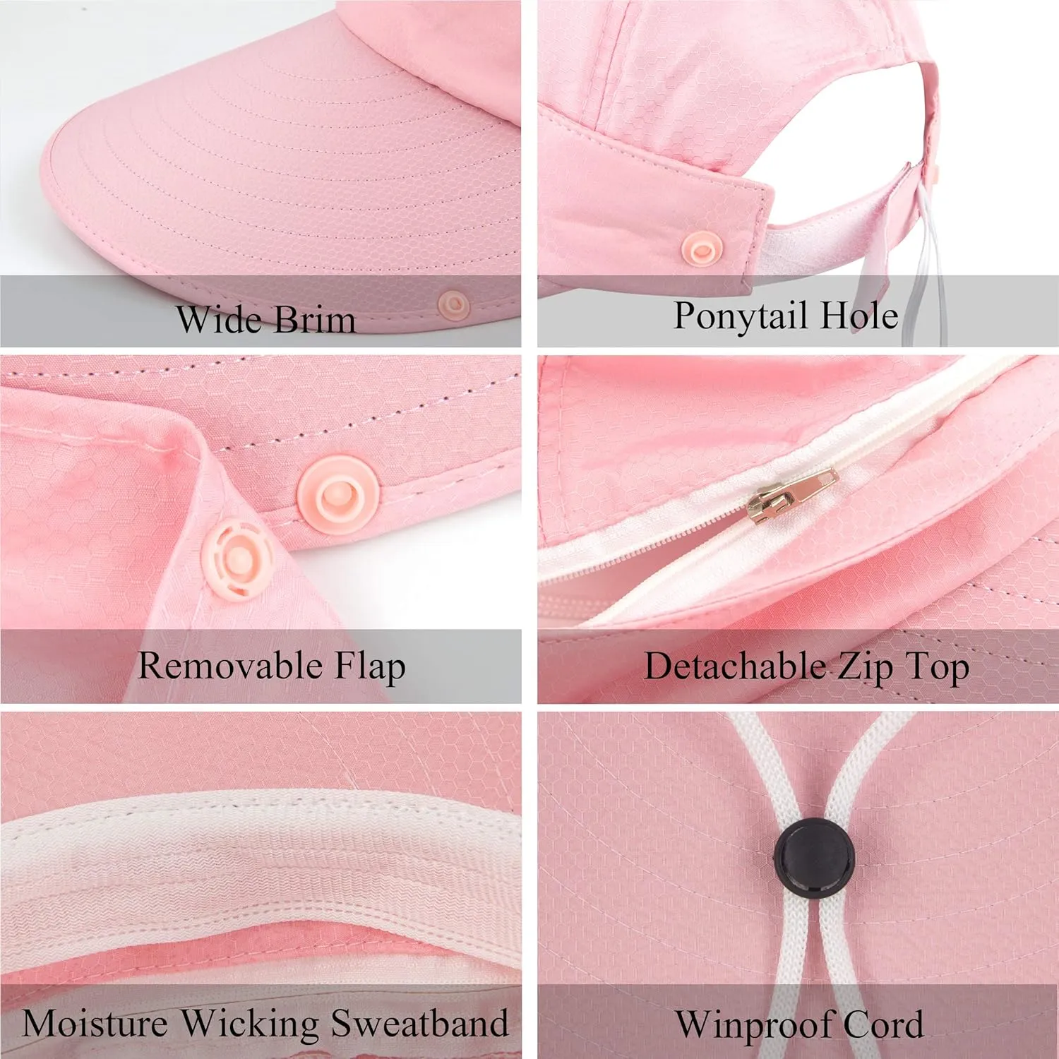 Women Sun Wide Brim UV Protection Fishing Hats Foldable Ponytail Summer Hat with Detachable Flap