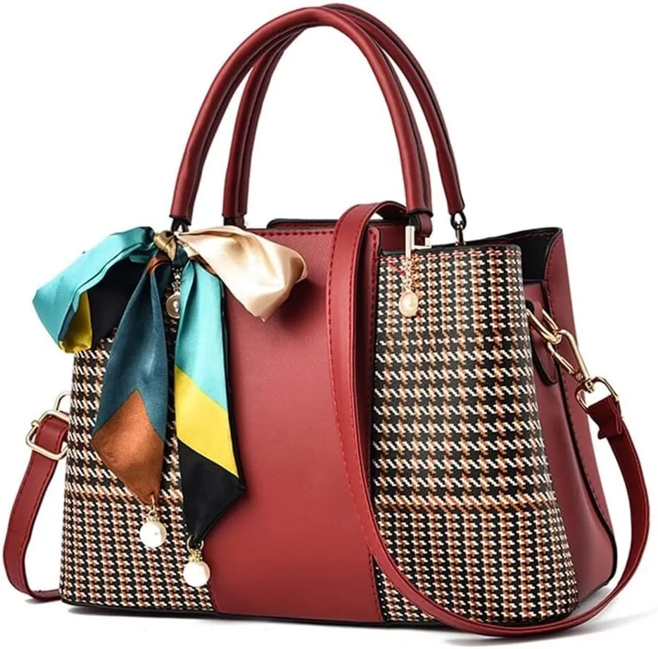 Women Tote Bag PU Braided Handbag Bow Ribbon Pearl Embellished Tote Top Handle Crossbody Bags with Detachable Shoulder Strap