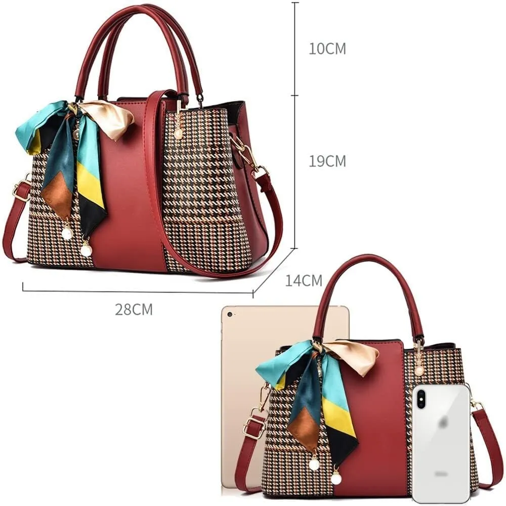 Women Tote Bag PU Braided Handbag Bow Ribbon Pearl Embellished Tote Top Handle Crossbody Bags with Detachable Shoulder Strap
