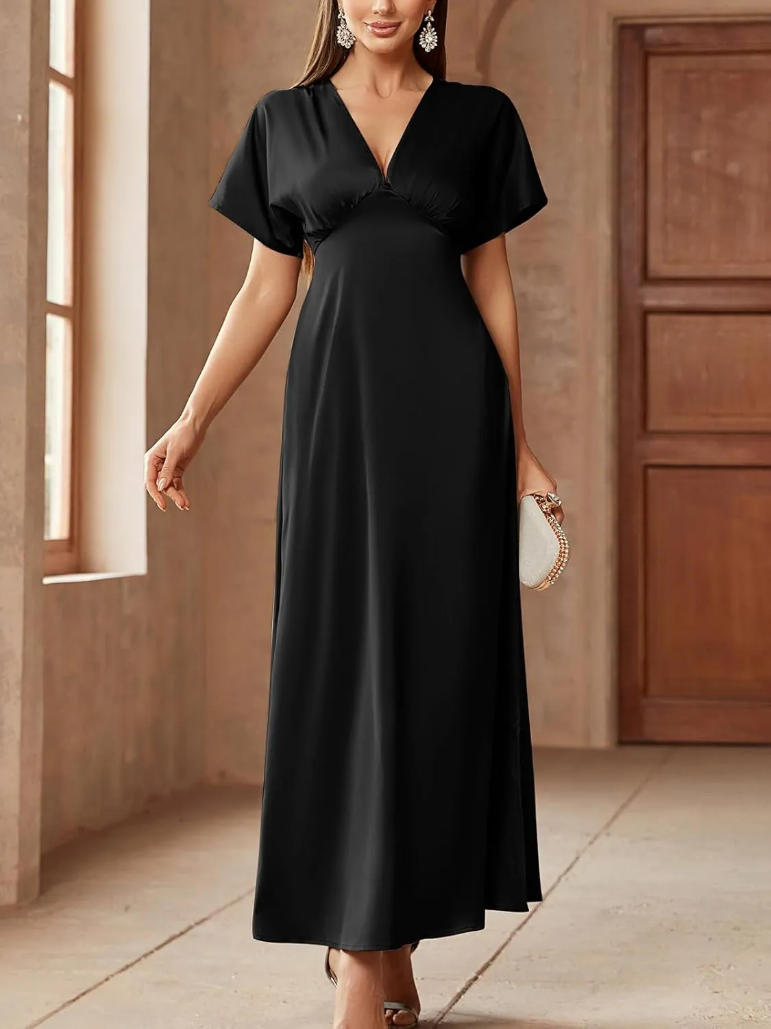 Women's 2025 Satin Dress Elegant Deep V Neck Flutter Sleeve A-Line Gown Cocktail Party Maxi Dresses