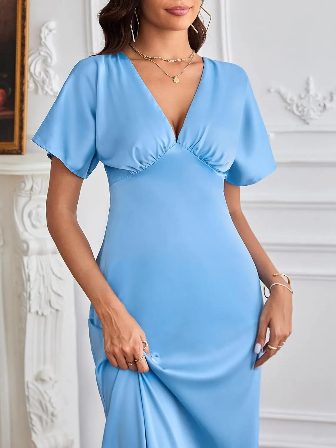 Women's 2025 Satin Dress Elegant Deep V Neck Flutter Sleeve A-Line Gown Cocktail Party Maxi Dresses