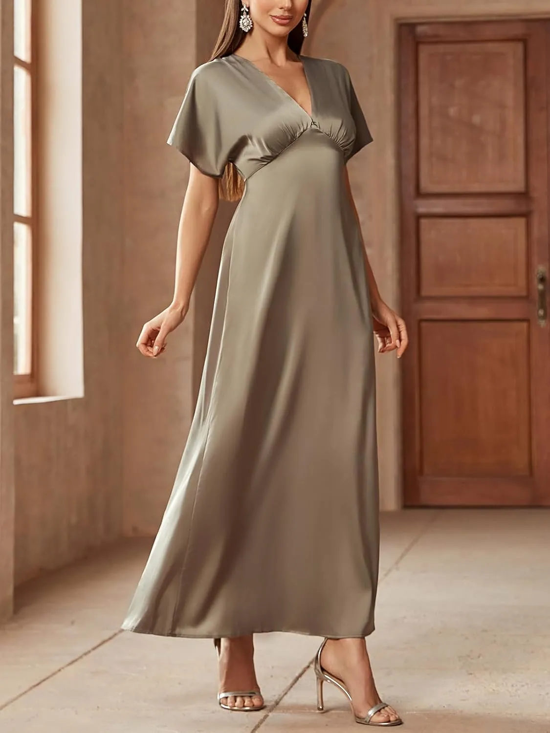 Women's 2025 Satin Dress Elegant Deep V Neck Flutter Sleeve A-Line Gown Cocktail Party Maxi Dresses